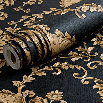 Высококачественное черное золото Роскошная Рельефная Текстура Металлик 3D Дамасские обои для стен в рулоне, Моющиеся виниловые обои для домашнего декора