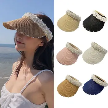 Летняя пустая верхняя солнцезащитная кепка с широкими полями и жемчугом, женская солнцезащитная шляпа, повседневная соломенная кепка с защитой от ультрафиолета, солнцезащитный козырек, пляжная кепка