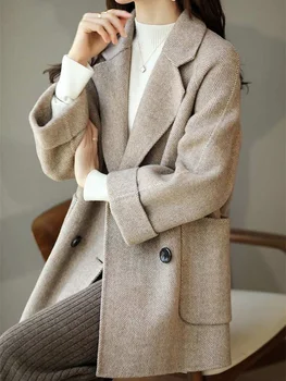 JMPRS Зимние женские куртки из искусственной шерсти, модные двубортные корейские тонкие офисные женские пальто, толстая розовая женская длинная одежда