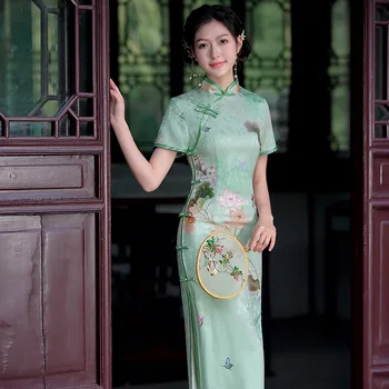 Летнее Длинное Зеленое платье Ципао с цветочным рисунком улучшенного качества Cheongsam Elegant Sweet Performance в традиционном китайском стиле для женщин